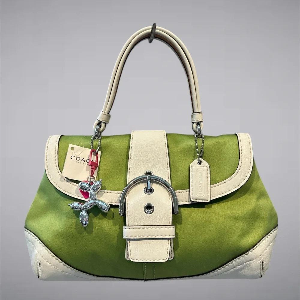 New Coach vintage Soho Green White Signature Satchel Hobo Bag Flap Buckle - Picture 1 of 17